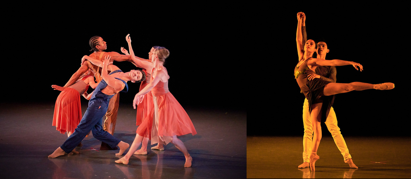Two ballet production photographs: an expressive ensemble in coral, blue and gold costumes, and a partnered pointe dancer extending one leg to the side.