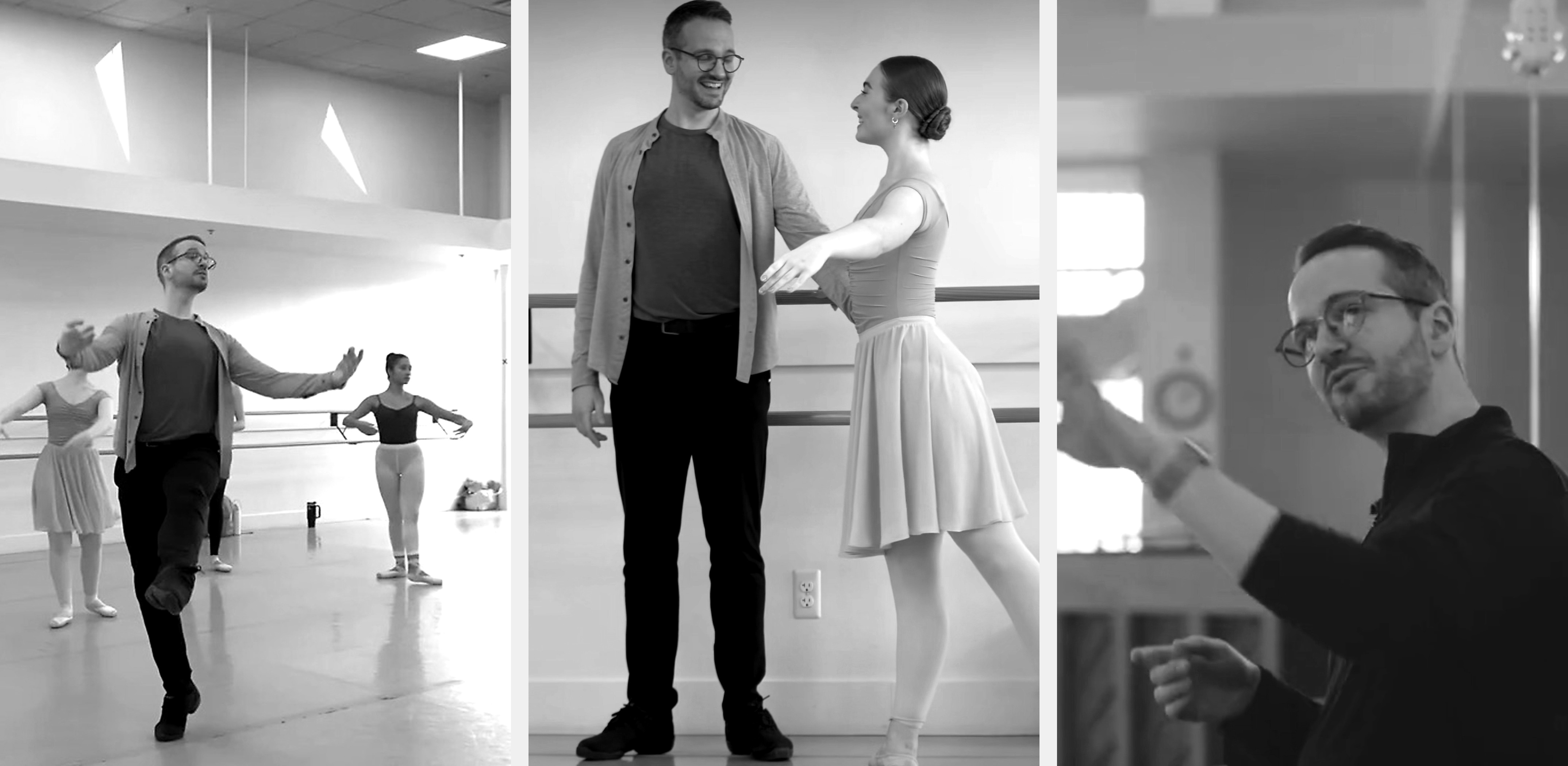 Three-panel black-and-white collage of Ian Parsons demonstrating and coaching ballet students in a studio.